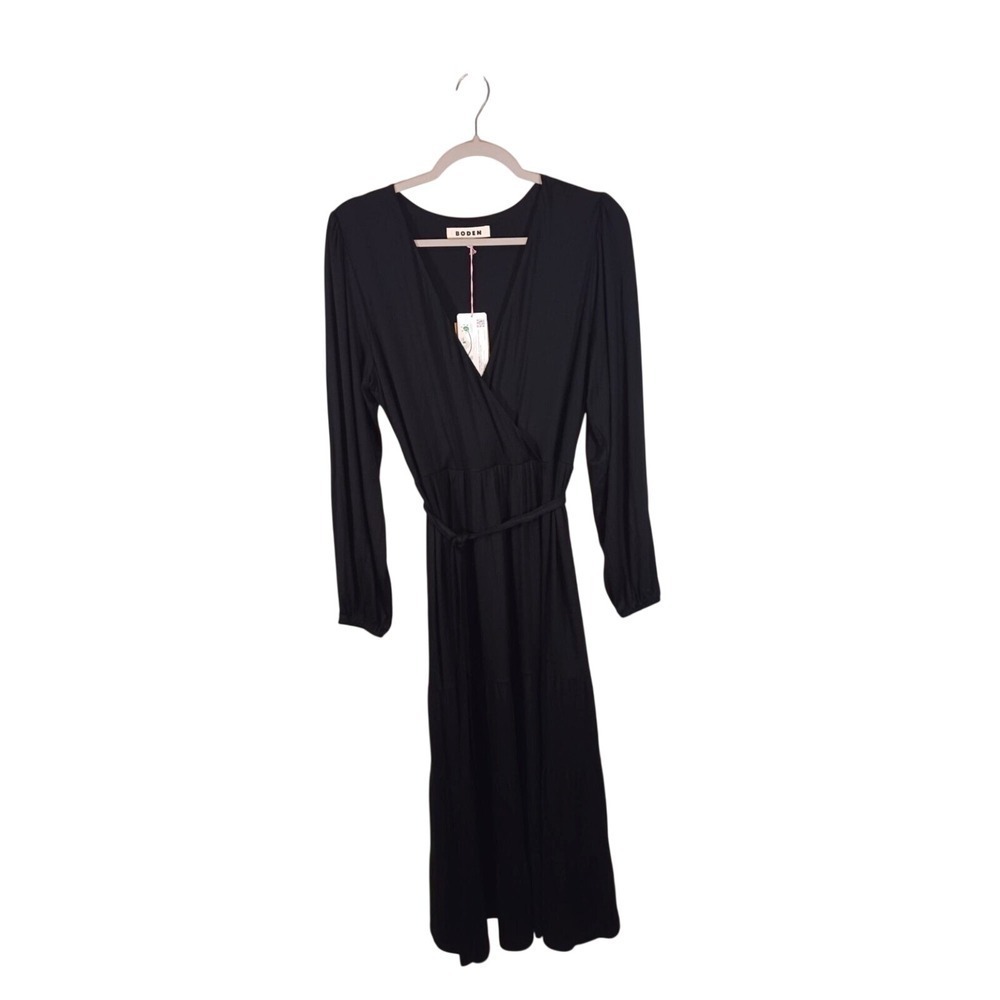 Boden Black Wrap Midi Dress 8R NWT Long Sleeve Tie Waist Stretch Knit Work